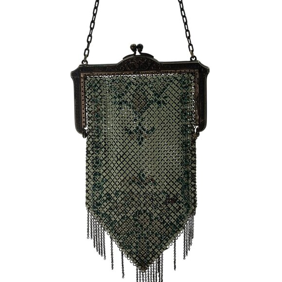 Antique 20's Art Deco Green Chainmail Mesh Evening Bag Handpainted Enamel*Read* - Picture 13 of 14